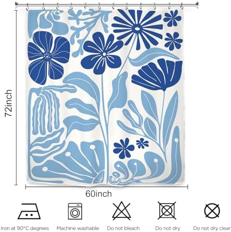 Abstract Blue Matisse Flower Shower Curtain 60Wx72L Inch Retro Vintage Aesthetic Minimalist Cute Art 70s Trendy Modern Bathroom Set Accessories Decor with 12 Pack Hooks