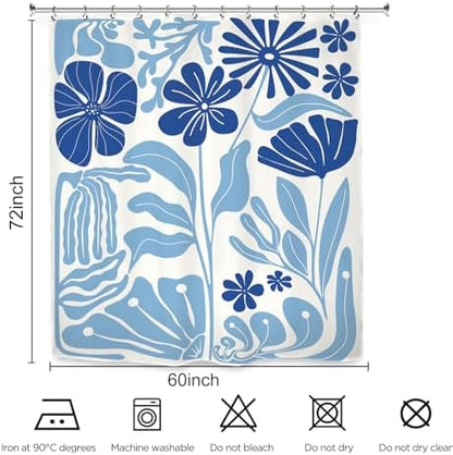Abstract Blue Matisse Flower Shower Curtain 60Wx72L Inch Retro Vintage Aesthetic Minimalist Cute Art 70s Trendy Modern Bathroom Set Accessories Decor with 12 Pack Hooks
