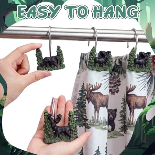 Roowest 12 Pcs Farmhouse Shower Curtain Hooks Wildlife Animal Bear Deer