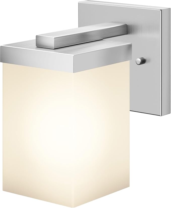 Bathroom Lighting Fixture Brushed Nickel Vanity Light with White Frosted Glass Shade, Wall Lamp Over Mirror for Bedroom Living Room Porch T003BR-L1