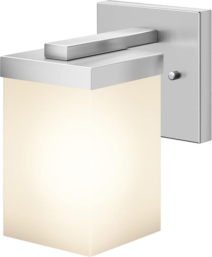 Bathroom Lighting Fixture Brushed Nickel Vanity Light with White Frosted Glass Shade, Wall Lamp Over Mirror for Bedroom Living Room Porch T003BR-L1