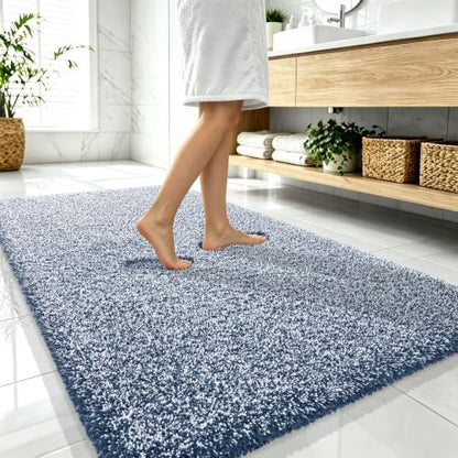 OLANLY Microfiber Bathroom Rugs 59x35, Quick Dry Bath Mat, Navy and White