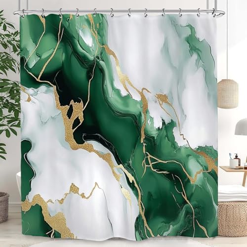 Emerald Green Marble Art Shower Curtain 60Wx72L Inch Abstract Modern Contemporary Bathroom Set Accessories Decor with 12 Pack Hooks