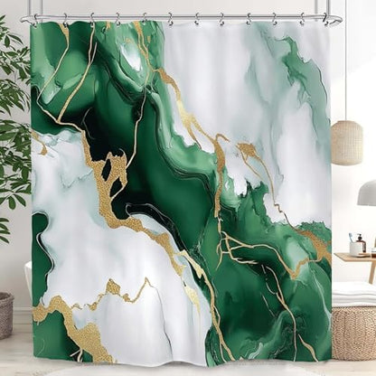 Emerald Green Marble Art Shower Curtain 60Wx72L Inch Abstract Modern Contemporary Bathroom Set Accessories Decor with 12 Pack Hooks