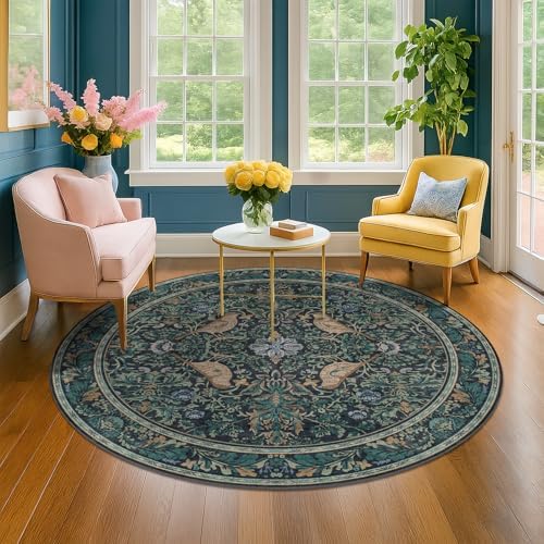 Washable Round Area Rug 6ft for Living Room, Soft Round Carpet Non-Slip with Rubber Backing, Vintage Large Circle Rug for Bedroom Kitchen Nursery, Dark Navy Blue Oriental Floral Décor