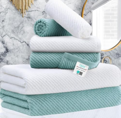 VOOVA & MOVAS 6PC Towel Set, 100% Cotton, Aqua Teal White