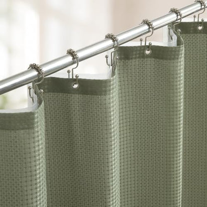 Shower Curtain and Liner Set, 3 in 1 Waffle Shower Curtain Set with 12 Double Sided Shower Curtain Hooks, Fabric Shower Curtains for Bathroom, Green, 72 x 72