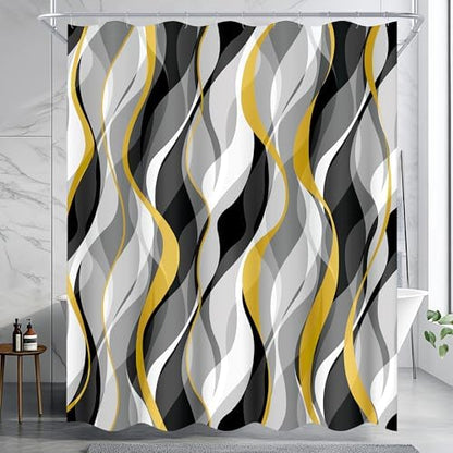 Yellow and Grey Shower Curtain for Bathroom Yellow and Black Shower Curtain Fabric Modern Abstract Striped Minimalist Bath Curtains Waterproof Shower Curtains Set, Black Gray Yellow, 72 x 72 Inch