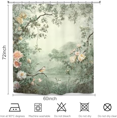 Vintage Flower Birds Shower Curtain 60Wx72L Inch Botanical Blossom Peony Cottagecore Green Leaves Scenery Bathroom Set Accessories Decor with 12 Pack Hooks