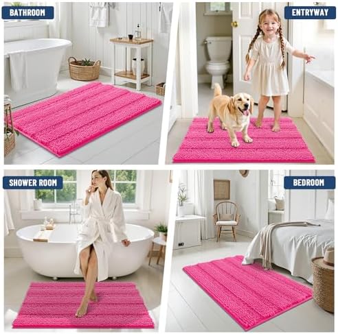 Grandaily Chenille Striped Bathroom Rugs 30x20, Extra Thick and Absorbent Bath Mats, Non-Slip Soft Plush Shaggy Shower Carpet, Machine Wash Dry, Bath Rug for Bathroom, (Medium, Deep Pink)