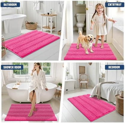 Grandaily Chenille Striped Bathroom Rugs 30x20, Extra Thick and Absorbent Bath Mats, Non-Slip Soft Plush Shaggy Shower Carpet, Machine Wash Dry, Bath Rug for Bathroom, (Medium, Deep Pink)