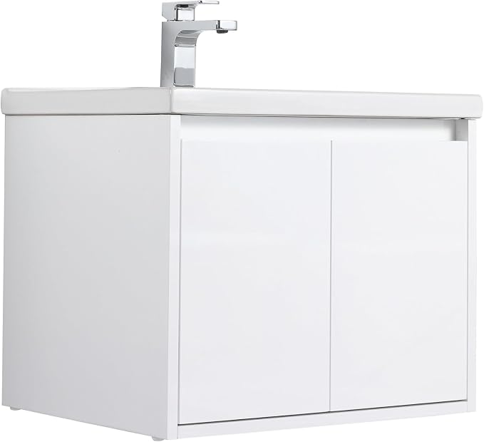 Blossom 24 Inch Glossy White Plywood Floating Bathroom Vanity with Ceramic Sink, Preassembled Wall Mounted Small Bathroom Vanity Cabinet with Soft Close Doors