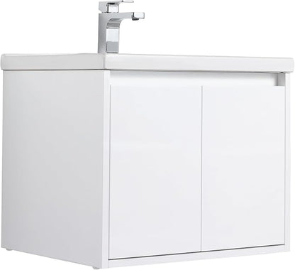 Blossom 24 Inch Glossy White Plywood Floating Bathroom Vanity with Ceramic Sink, Preassembled Wall Mounted Small Bathroom Vanity Cabinet with Soft Close Doors