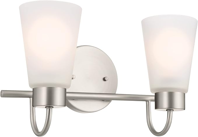 Kichler Erma 2-Light Bathroom Vanity Light Fixture with Clear Satin Etched Glass, Updated Traditional Wall Light in Brushed Nickel, (13.5" x 8.5")