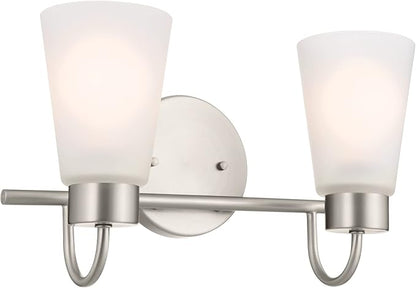 Kichler Erma 2-Light Bathroom Vanity Light Fixture with Clear Satin Etched Glass, Updated Traditional Wall Light in Brushed Nickel, (13.5" x 8.5")