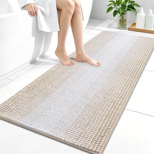 OLANLY Bathroom Runner Rugs 47x24, Soft Chenille Striped Bath Rugs, Beige
