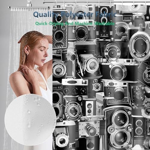 Vintage Old Camera Black White Grey Shower Curtain with Hooks 72 x 72 Inch