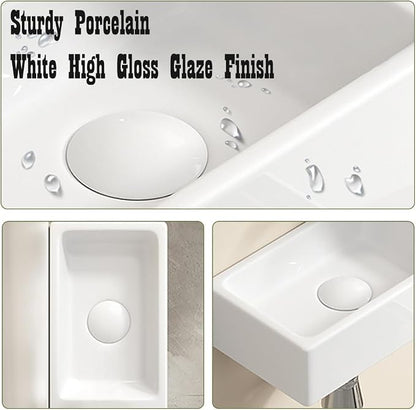 14"x7" Small Bathroom Sink Wall Mount Bathroom Sink Rectangle Ceramic Wash Basin floating Mini Vessel Sink for Bathrooms, Left Hand
