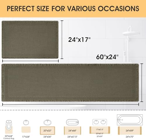 Upgrade Waffle Bath Mat Set 2 Piece, Greyish Green, Boho Bathroom Rugs Absorbent Non Slip, Ultra Soft Bathroom Mat, Machine Washable Knit Bath Rugs with Border for Bathroom, Kitchen, Shower, Tub