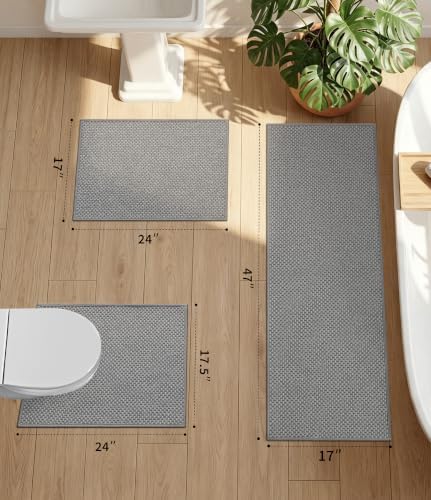 YIHOUSE Light Grey Bathroom Rugs Sets 3 Pieces,Thin Bath Mat Quick Dry