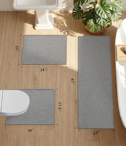 YIHOUSE Light Grey Bathroom Rugs Sets 3 Pieces,Thin Bath Mat Quick Dry