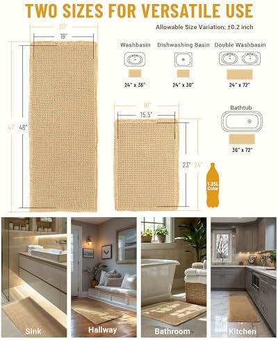 Furicher Large Waffle Bath Mat Set, Non Slip Bath Rug Set, Ultra Absorbent Bath Mats for Bathroom Decor, Extra Soft Floor Kitchen Rugs Sets 2 Piece, Washable Bath Runner Rug, Brown, 20"×47" & 16"×24"