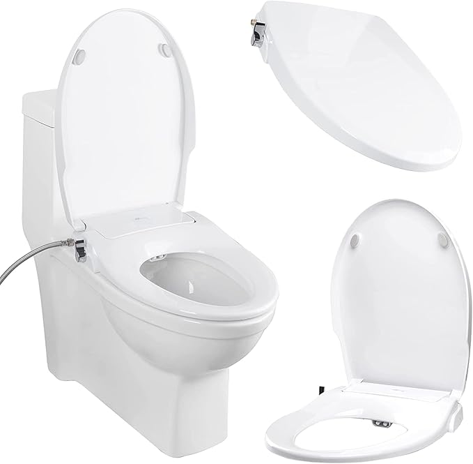 Bio Bidet Slim Zero Non Electric Bidet Toilet Seat Elongated, Low Profile Seat with Slow Close Lid, Battery Powered Night Light, Dual Nozzles, White