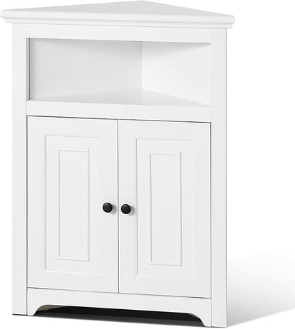 VEVOR 32" Corner Storage Cabinet, 3 Tiers Small Storage Cabinet with 2 Wooden Doors & Adjustable Shelves, Freestanding Corner Kitchen Cabinet for Living Room, Kitchen, Laundry Room, Bathroom, White