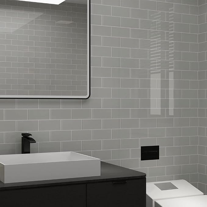 Glass Subway Tile 3 x 6 Inch Light Gray for Kitchen Backsplash Bathroom Wall (32-Pack, 4 sq.ft.)