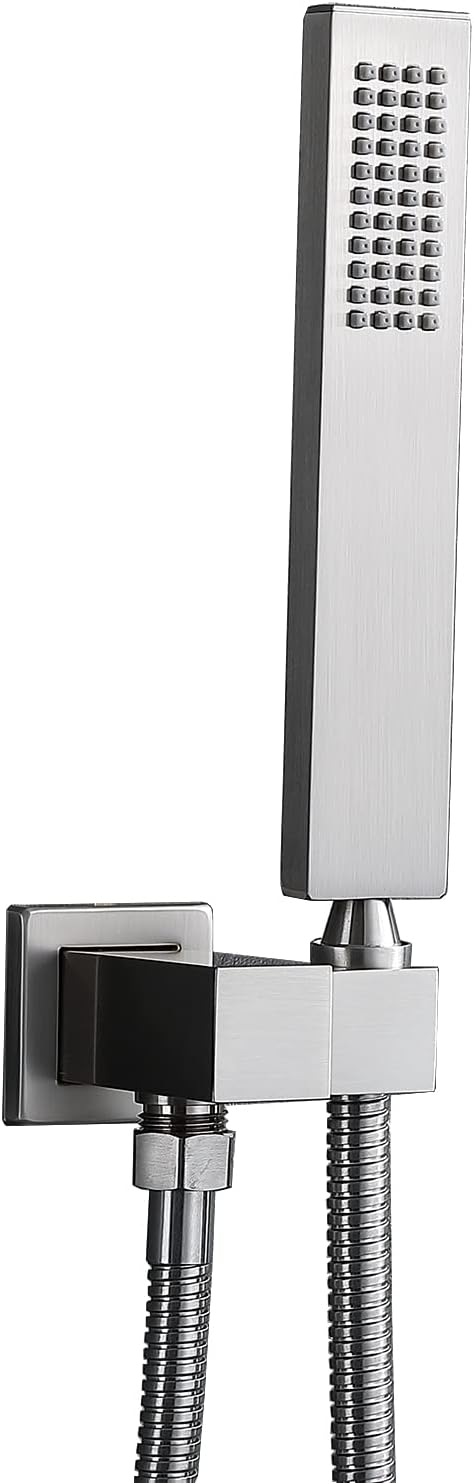 Enga Solid Brass High Pressure Hand Held Shower Wand Square Head with Adjustable Supply Elbow Wall Connector Shower Holder and Hose Set, Brushed Nickel