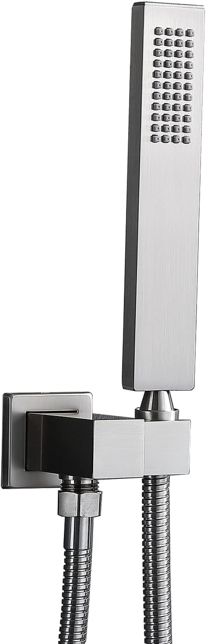 Enga Solid Brass High Pressure Hand Held Shower Wand Square Head with Adjustable Supply Elbow Wall Connector Shower Holder and Hose Set, Brushed Nickel