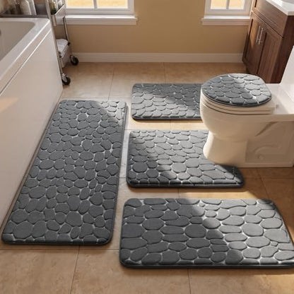 YIHOUSE Bathroom Rugs Mat Set, Memory Foam Bath Mat 5 Piece Dark Grey