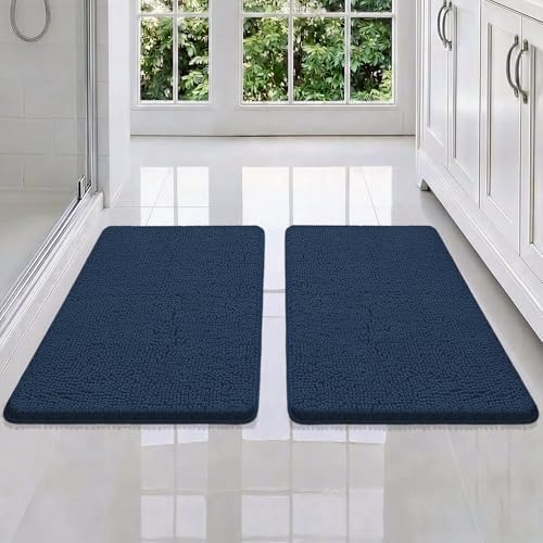 Bcoimo Bath Rug Mat Set, 2 Piece Thick Absorbent Chenille Bathroom Mat Navy