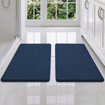 Bcoimo Bath Rug Mat Set, 2 Piece Thick Absorbent Chenille Bathroom Mat Navy