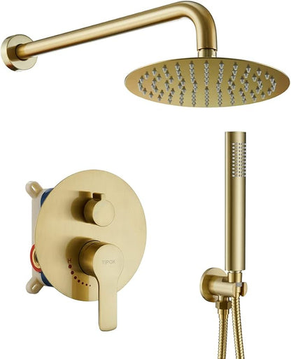 TIPOK Brushed Gold Shower System with 8 Inch Round Shower Head and Handheld, Rainfall Shower Faucets Sets Complete, Gold Shower Head System Wall Mounted Shower Set for Bathroom