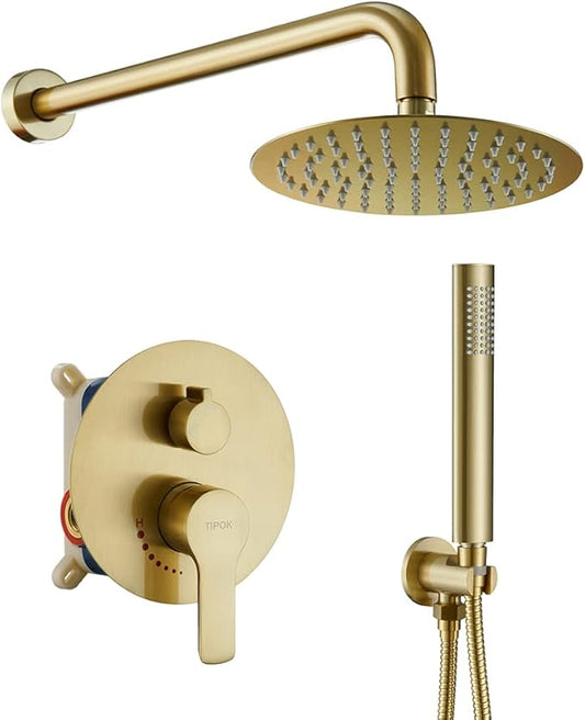 TIPOK Brushed Gold Shower System with 8 Inch Round Shower Head and Handheld, Rainfall Shower Faucets Sets Complete, Gold Shower Head System Wall Mounted Shower Set for Bathroom