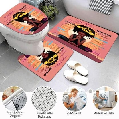 4PCS Black Praying Girl Shower Curtain Set, Inspirational Quote Cute African American Girl Bathroom Decor Sets with Shower Curtain and Rug Toilet Lid Cover and Bat Mat