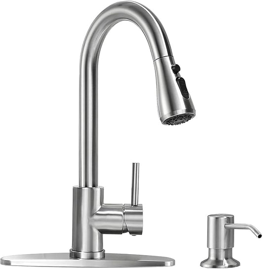VFAUOSI RV Bath Faucets, Shower Faucet with Soap Dispenser for RV Sink, 3-Mode Kitchen Sink Faucet with Pull Down Sprayer Stainless Steel Single Handle Brushed Nickel
