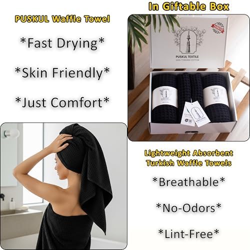 PÜSKÜL Natural 100% Turkish Cotton Waffle Towels Set of 4-Piece, Black