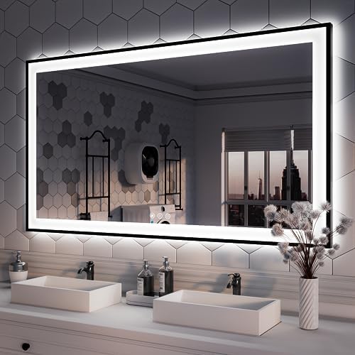 ISKM 55x30 Framed LED Bathroom Mirror, Dimmable Front & Backlit, Anti-Fog