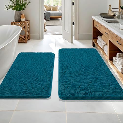 OLANLY Chenille Bathroom Rugs Sets 2 Piece, 36"x24"+30"x20", Peacock Blue