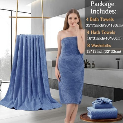 Ycosy 8-Piece Bath Towels Set,2 Oversized Large Bath Sheet,2 Hand Towels and 4 Washcloths - 600 GSM Soft Microfiber Highly Absorbent Quick Dry Shower Towel for Bathroom Hotel and Spa,Air Force Blue