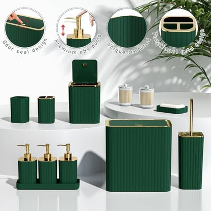 Bathroom Accessory Set - Bathroom Set, 12PC Bathroom Accessories Set, Dark Green Bathroom Accessories Set, Mini Trash Can, Toilet Brush, Trash Can & Soap Dispenser