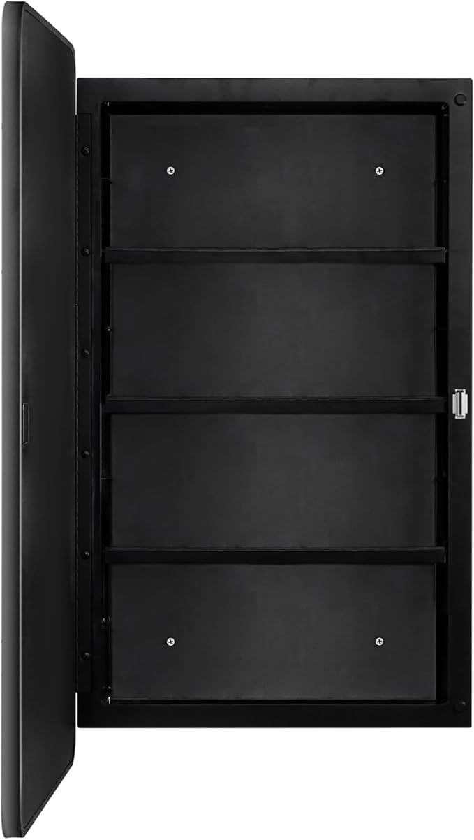 Fundin Black Plastic Medicine Cabinet, Mirror Door with Round Corner Metal Frame, Recessed and Surface Mount Bathroom Wall Medicine Cabinet, 16 x 28 inch Mirror Size