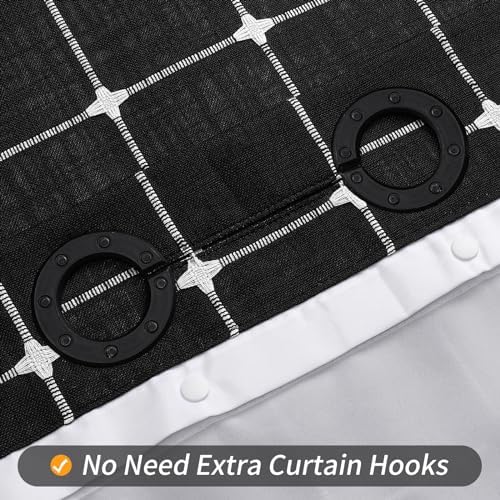 MitoVilla No Hooks Needed Boho Farmhouse Shower Curtain with Snap-in Liner, Cotton Linen Fabric Shower Curtains with Tassels for Rustic Neutral Bathroom Decor, Black and White, 72 x 74