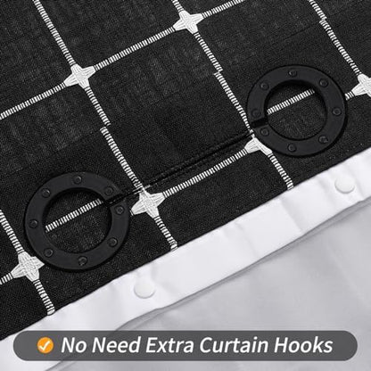 MitoVilla No Hooks Needed Boho Farmhouse Shower Curtain with Snap-in Liner, Cotton Linen Fabric Shower Curtains with Tassels for Rustic Neutral Bathroom Decor, Black and White, 72 x 74