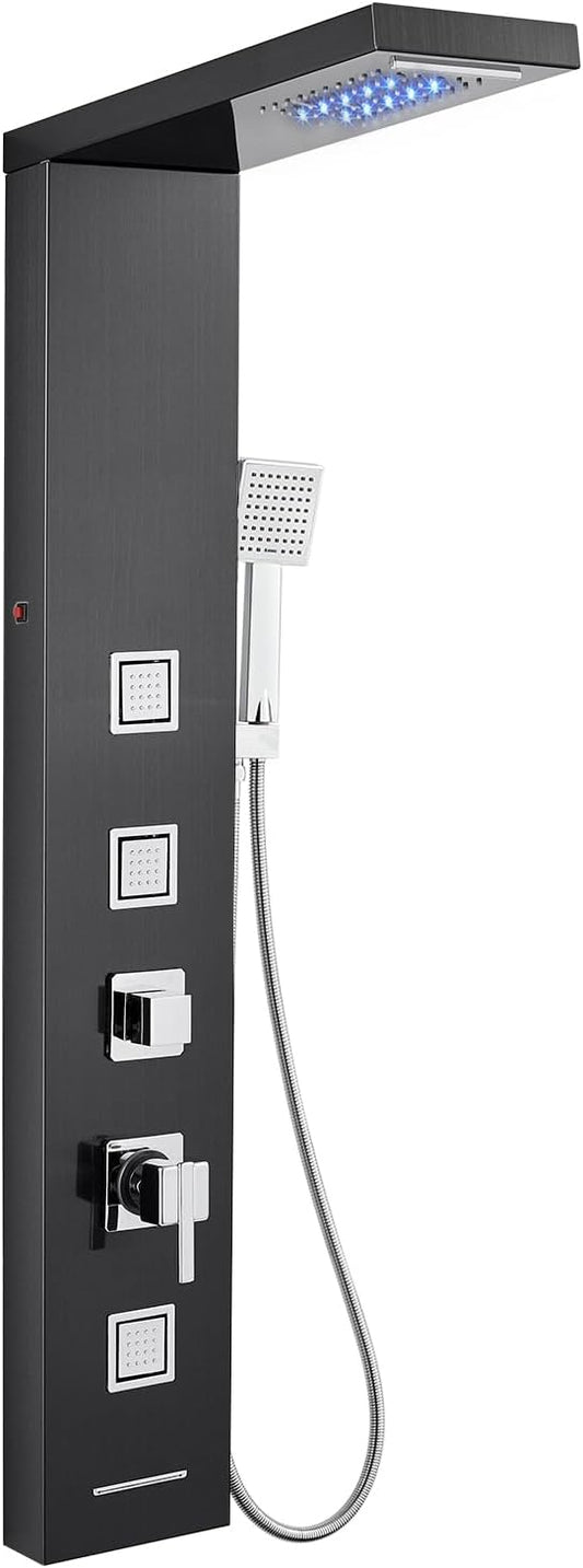 MENATT LED Shower Panel Tower System, Bathroom 5-Function Shower Panel Tower with LED Rainfall Waterfall Shower Head, Massage Jets, Tub Spout, Handheld Shower, Black