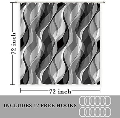 White and Grey Shower Curtain for Bathroom White and Black Shower Curtain Fabric Modern Abstract Striped Minimalist Bath Curtains Waterproof Shower Curtains Set, Black Gray White, 72 x 72 Inch