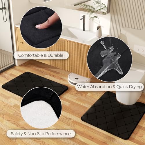 Black Bathroom Accessories Set with Shower Curtain and Rugs, 24-Piece Complete Bath Set with Trash Can, Soap Dispenser, Toilet Brush, and Qtip Holders, Famhouse Bamboo Modern Decor
