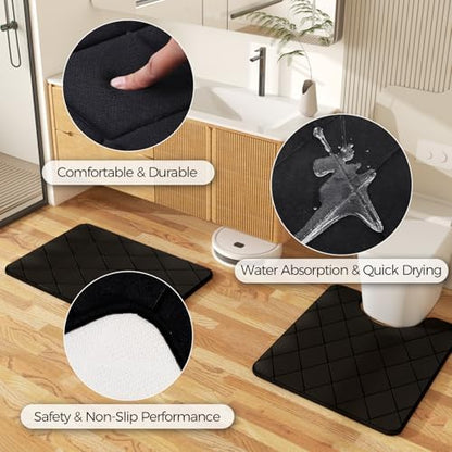 Black Bathroom Accessories Set with Shower Curtain and Rugs, 24-Piece Complete Bath Set with Trash Can, Soap Dispenser, Toilet Brush, and Qtip Holders, Famhouse Bamboo Modern Decor